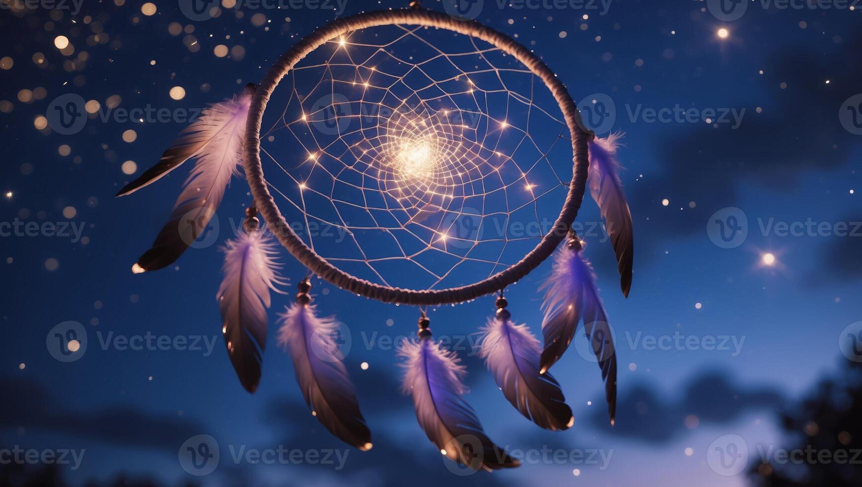 Beautiful dreamcatcher glimmers under starry night sky with gentle feathers swaying softly in the breeze photo