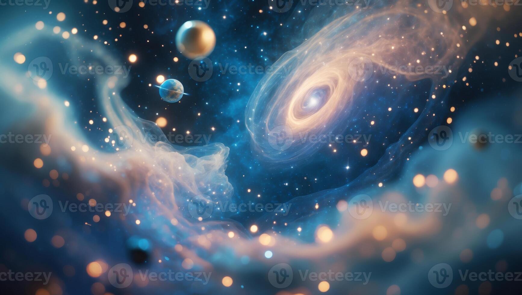 Cosmic nebula showcasing swirling clouds, glowing stars, and distant planets in a vast universe at a tranquil moment photo