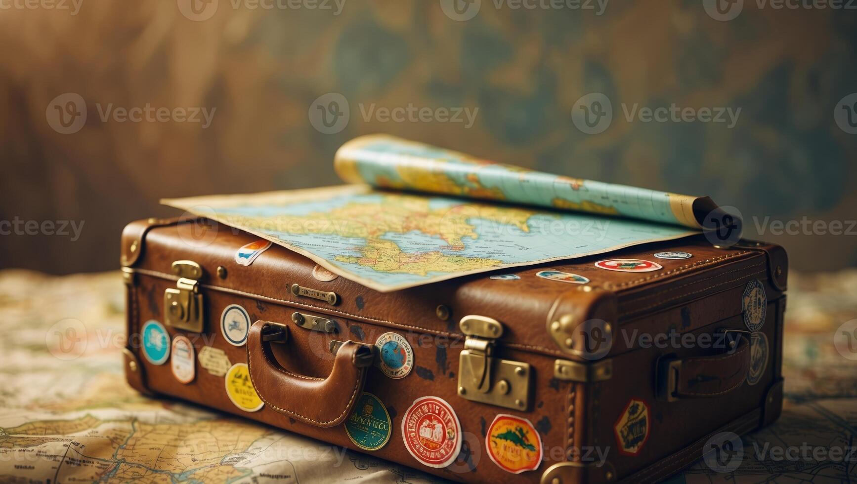 Vintage suitcase with travel stickers and an unfolded map resting on a patterned tablecloth photo