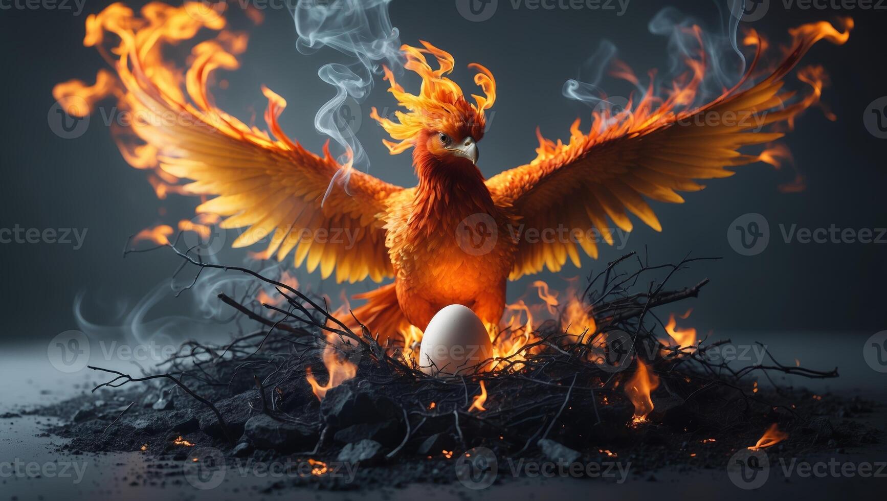 Mythical bird emerging from flames with a mystical egg surrounded by smoke and fire photo