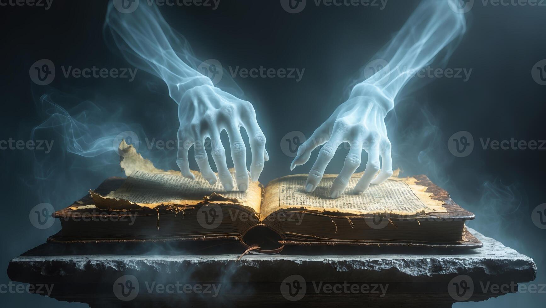 Mysterious hands emerge from fog, hovering over ancient book in a dark setting photo