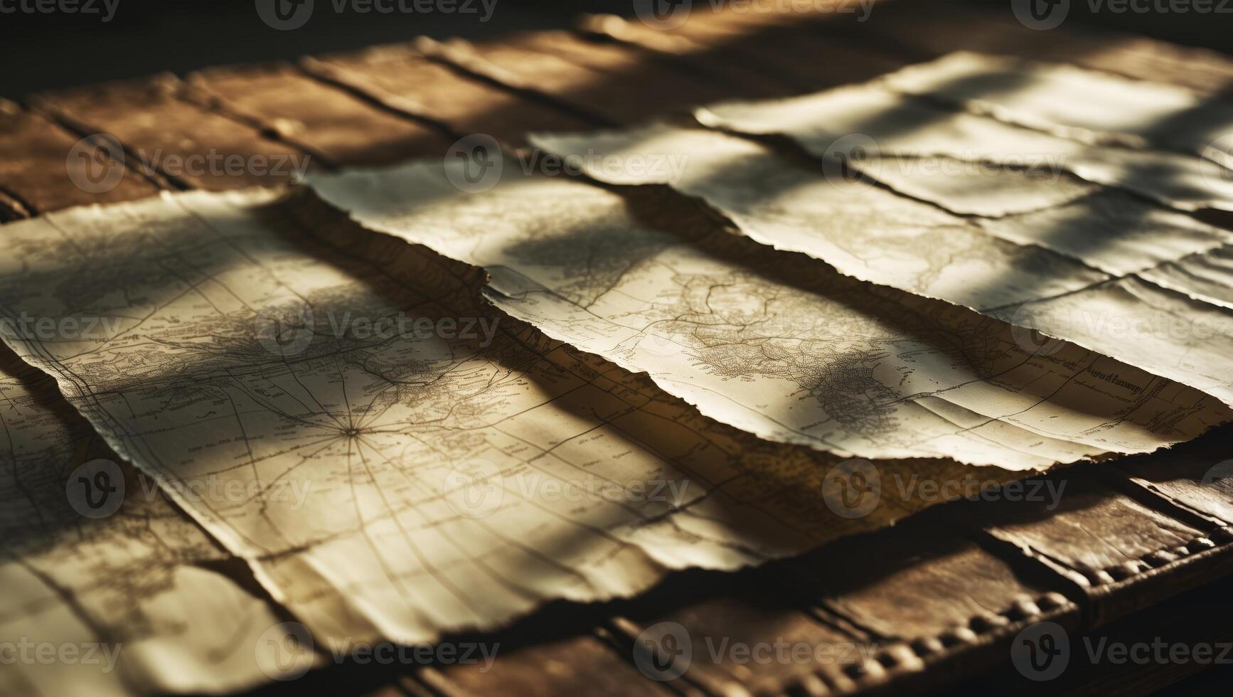 Old maps spread on a wooden table with soft light casting shadows in a cozy room photo