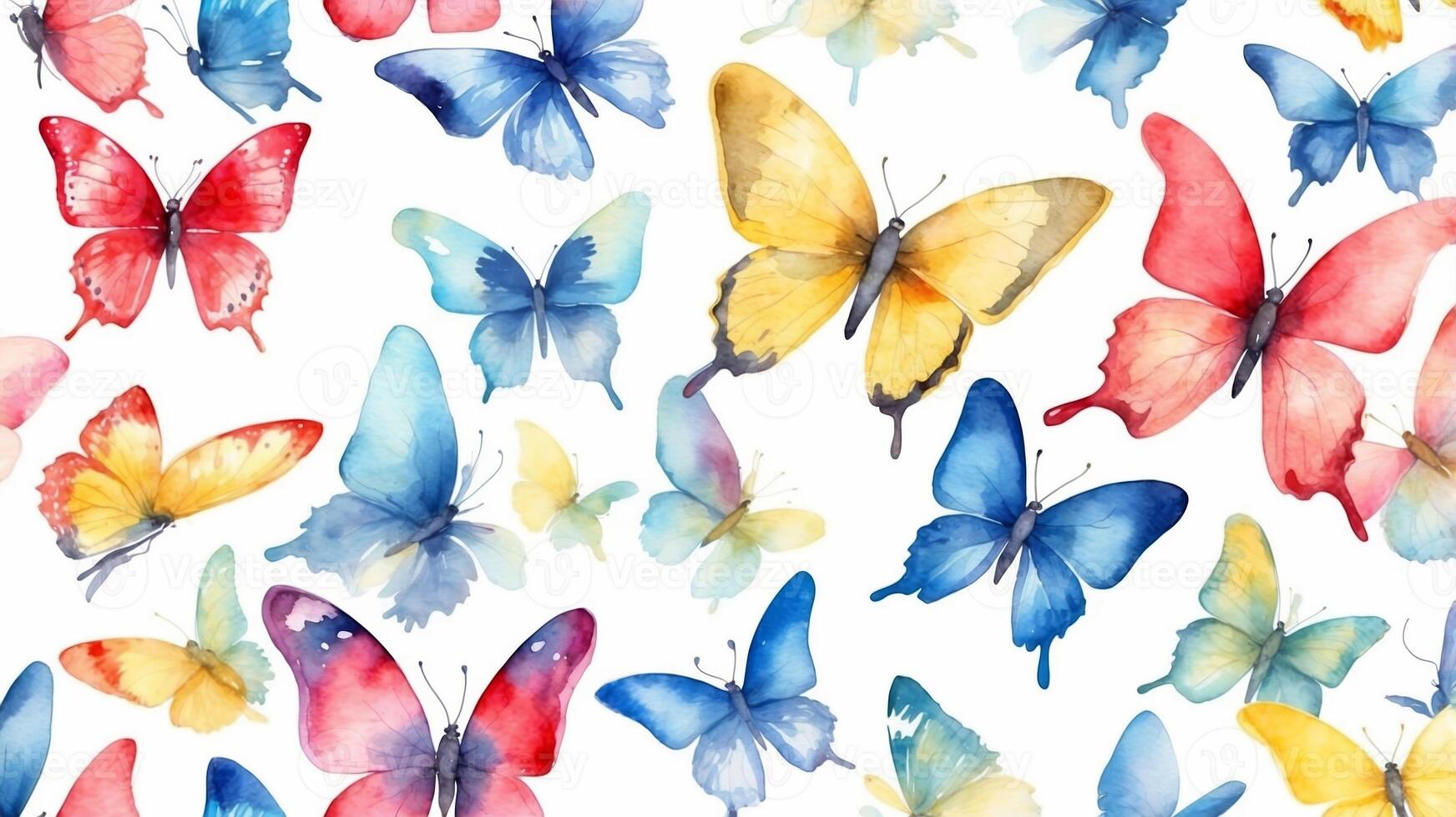 Colorful watercolor butterflies create a vibrant pattern in a nature-inspired design ideal for decoration photo