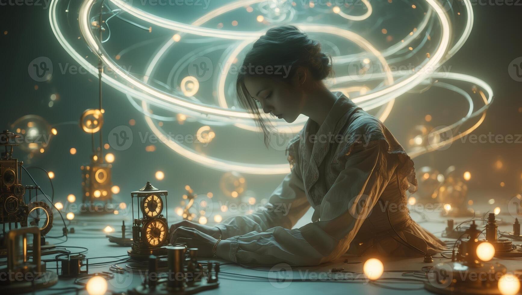 Creative exploration of time and light in an artistic workspace during an ethereal evening setting photo