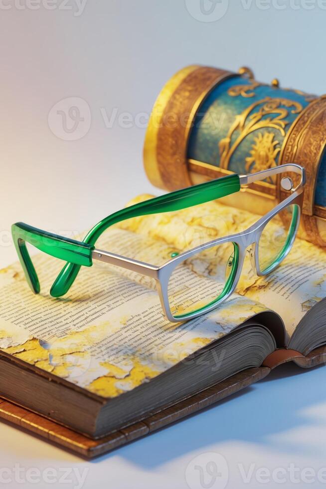 Stylish green glasses resting on an open antique book with decorative gold details and yellowed pages in soft light photo