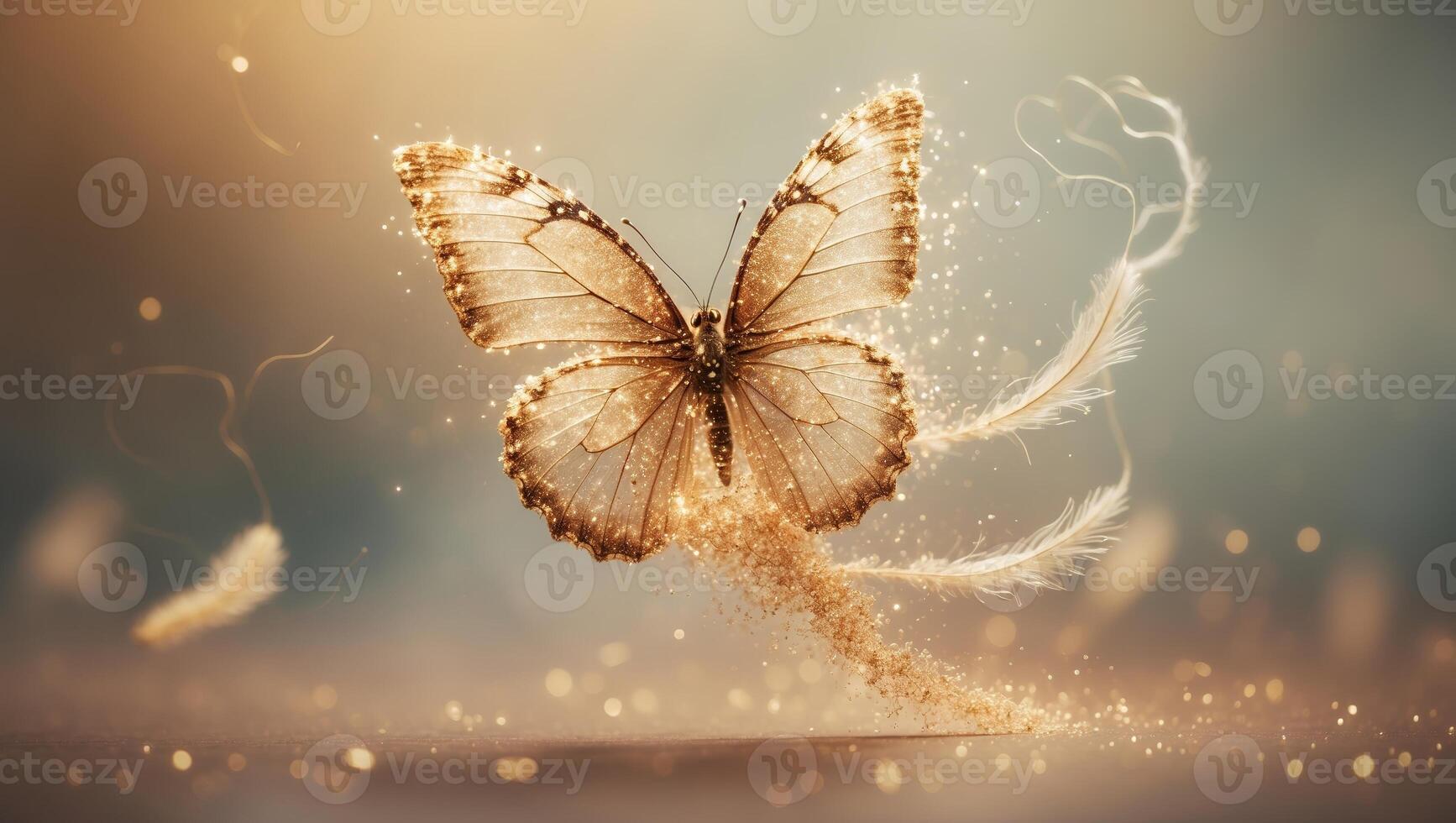 Butterfly gracefully floats amidst sparkling dust and delicate feathers in soft light photo