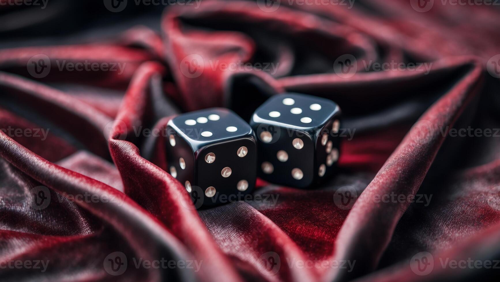 Black dice with white spots resting on deep red velvet fabric against a soft background during a quiet indoor moment photo