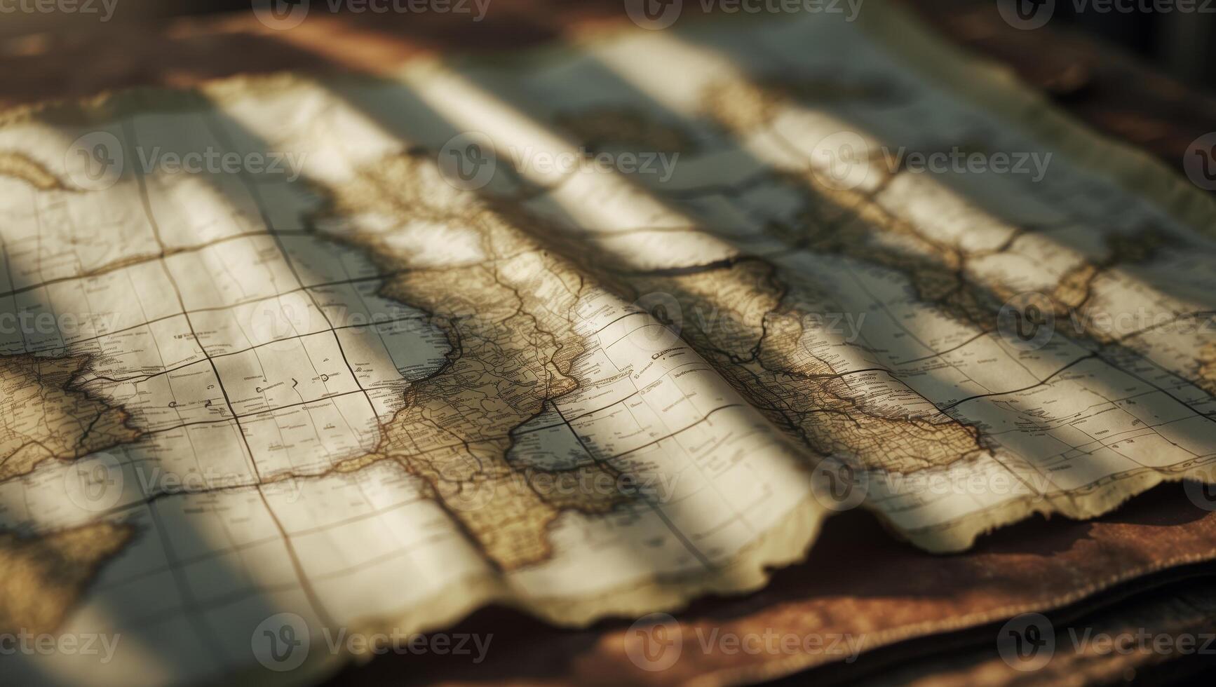 Detailed vintage map on a wooden table illuminated by soft sunlight in a cozy interior photo