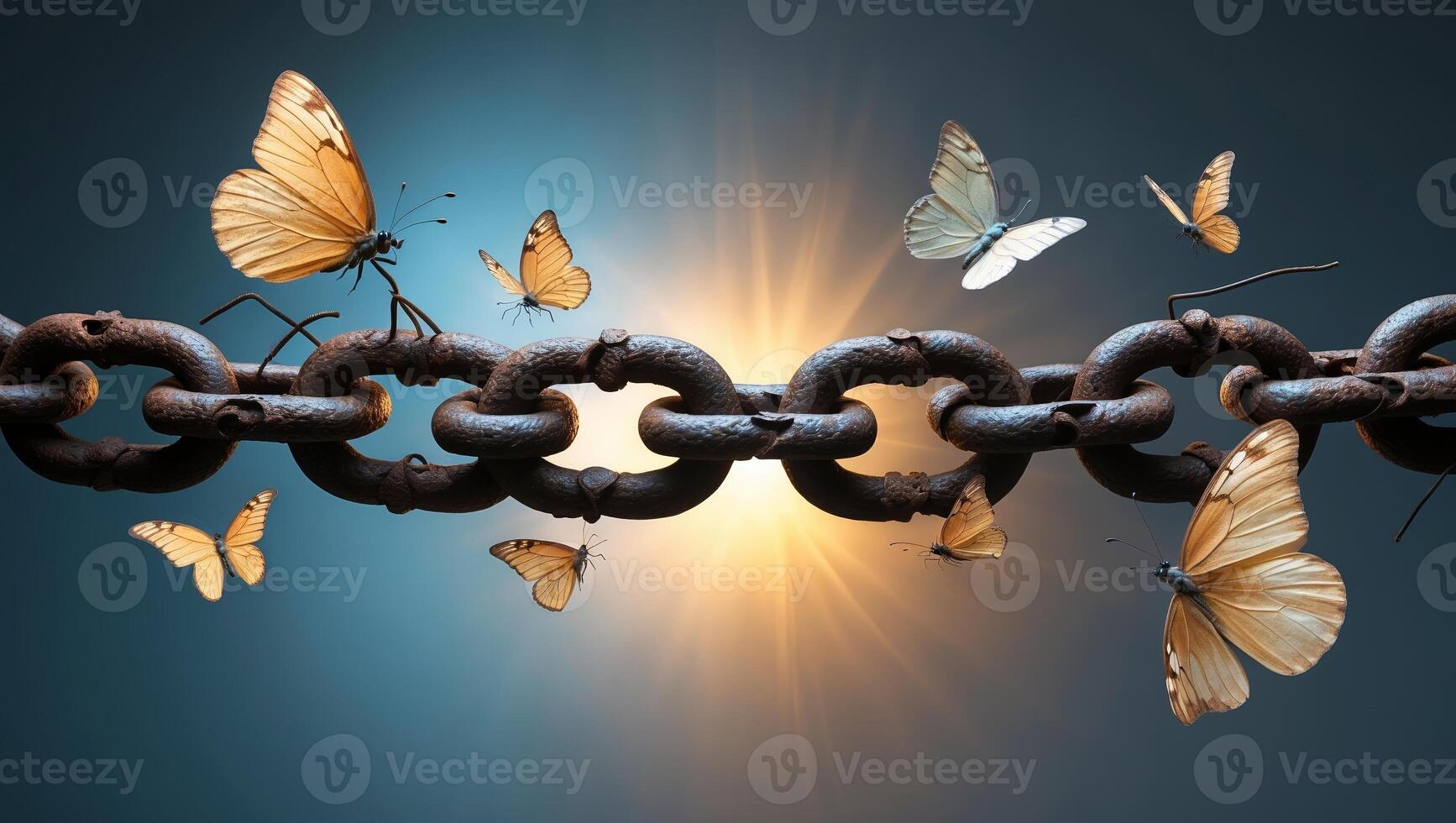 Butterflies emerging from a broken chain symbolize freedom and transformation in a vibrant setting photo