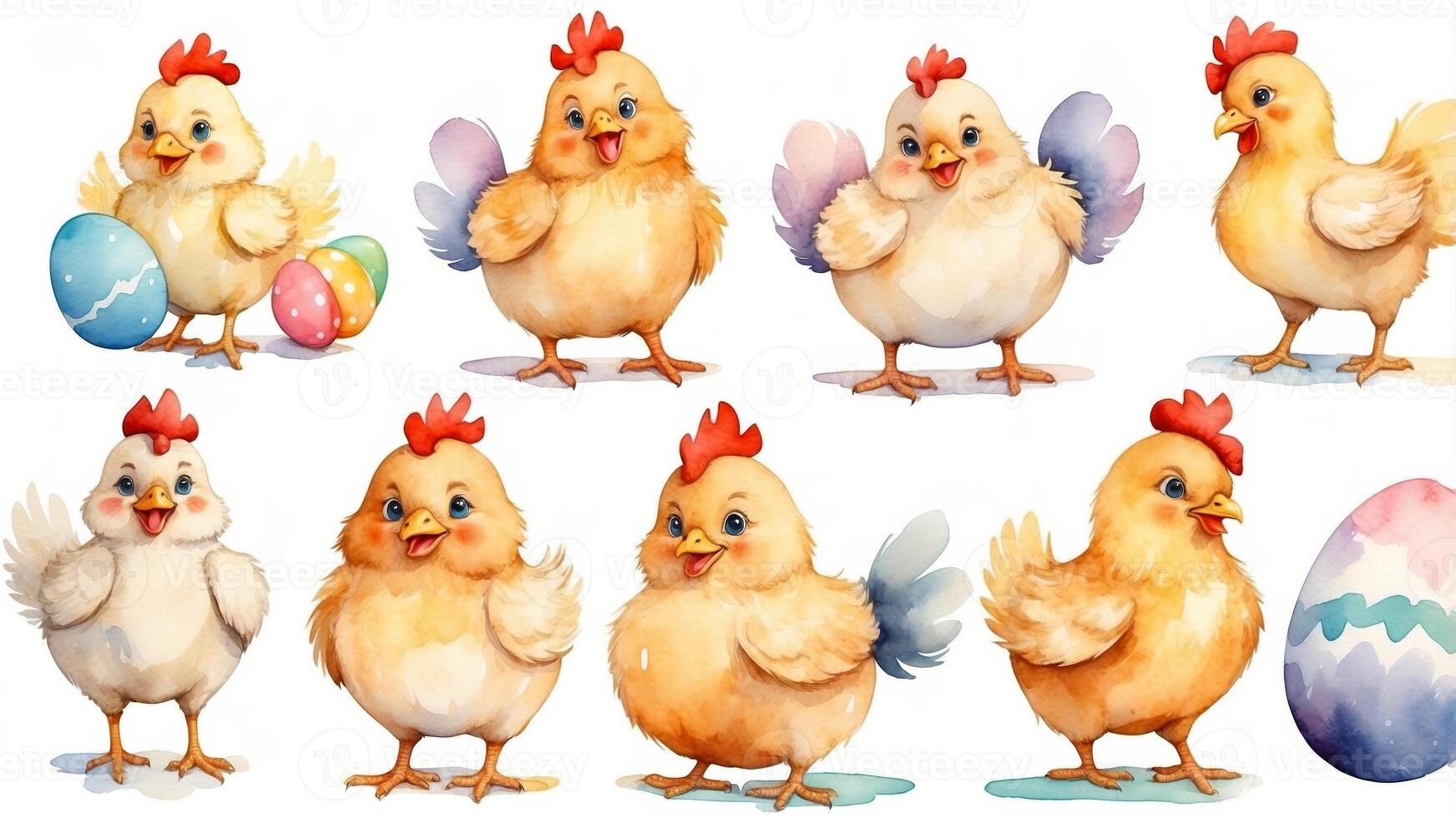 Colorful cartoon chicks celebrating spring with eggs in various poses and expressions photo