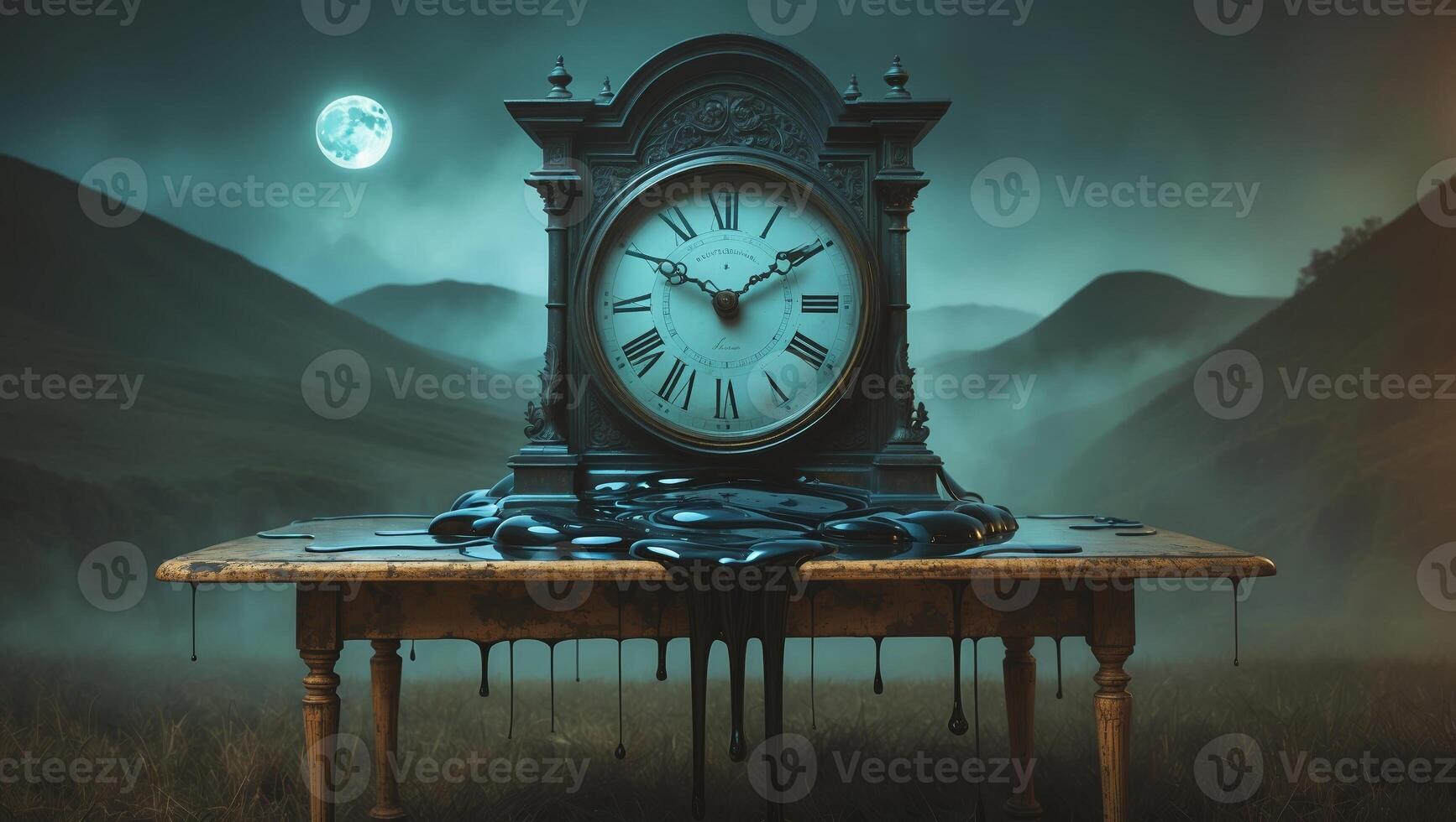 Surreal clock melting on a table surrounded by foggy hills and a full moon at night photo