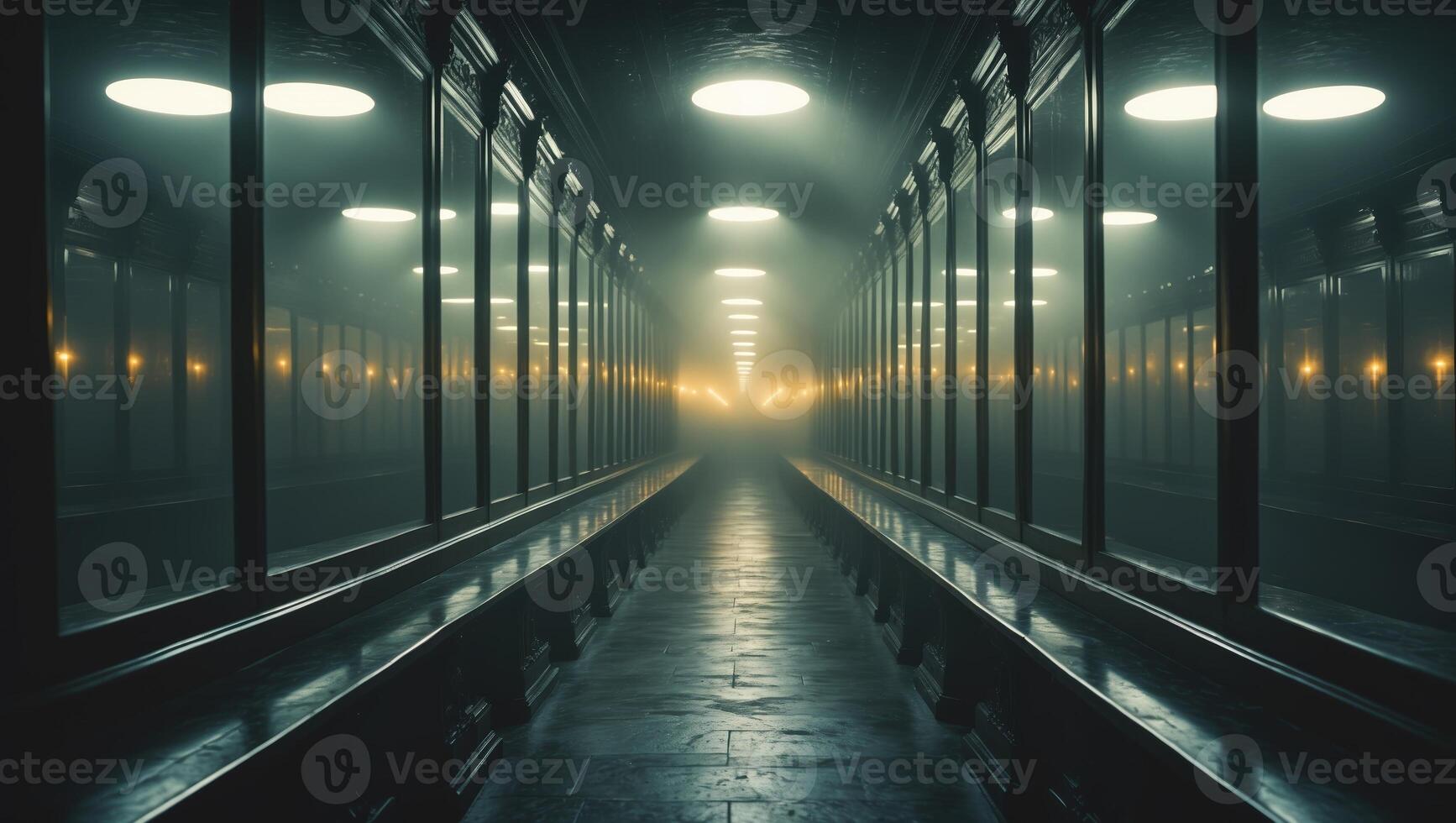Dimly lit corridor with reflective surfaces creating a mysterious atmosphere in an underground location photo