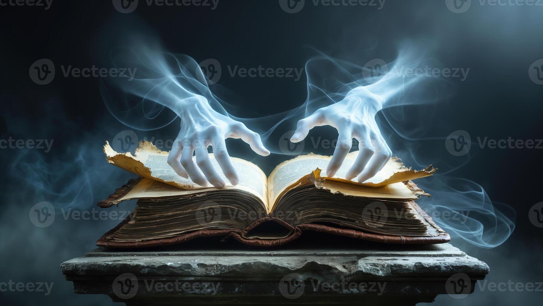 Mysterious hands emerge from a book in a dark, enchanted setting filled with swirling mist and shadows photo