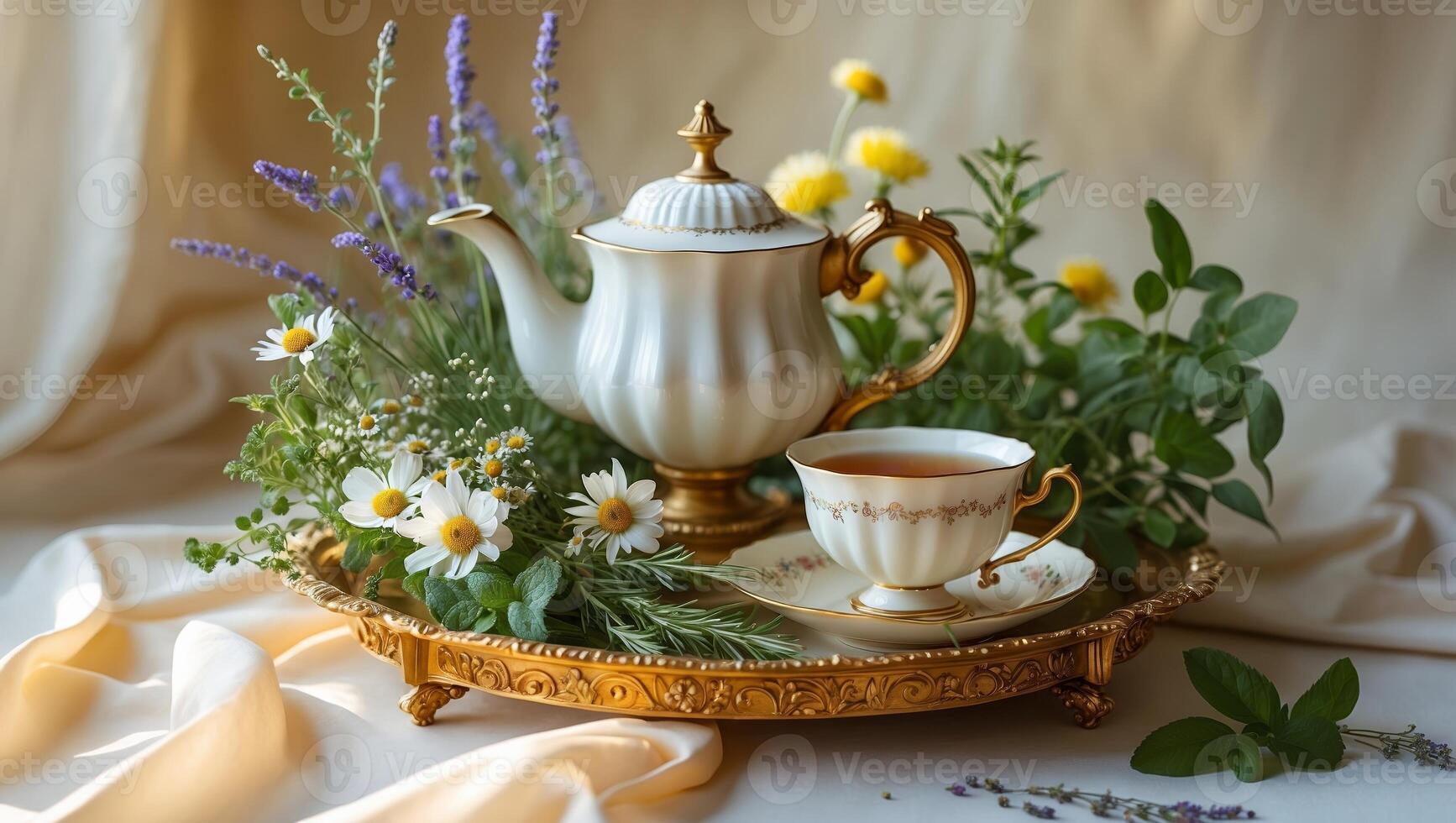 Teapot and teacup arrangement with flowers and greenery on a decorative tray in soft natural light photo