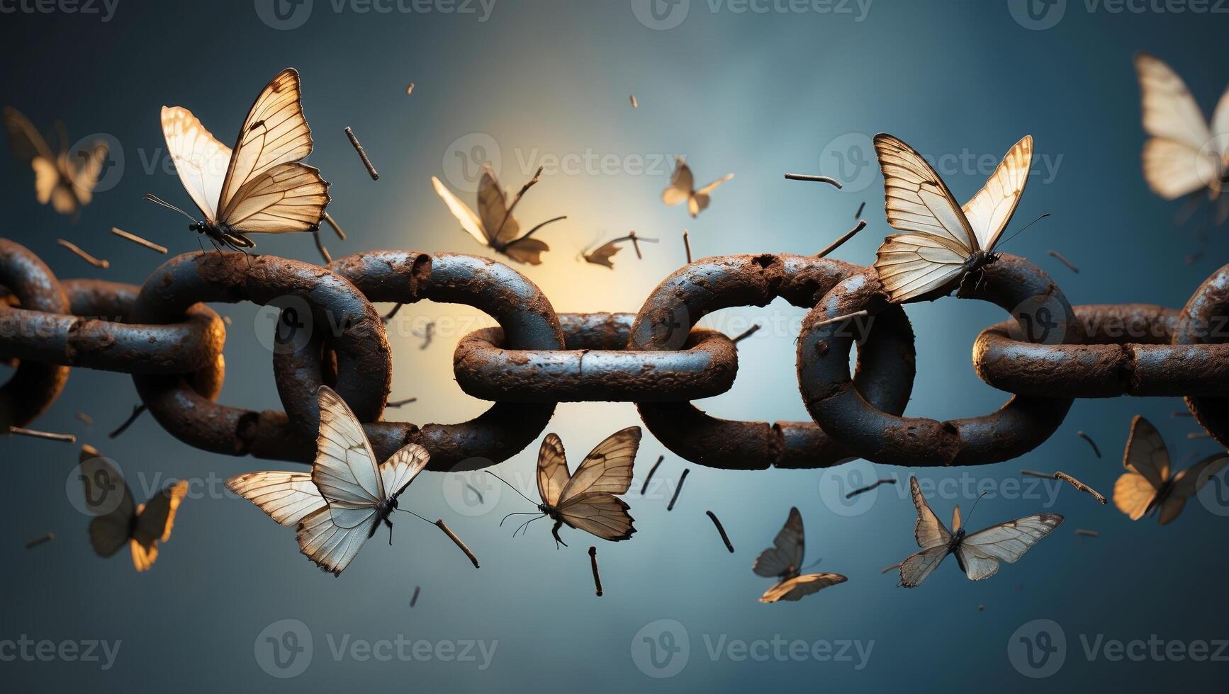 Butterflies breaking free from rusty chains in a symbolic display of liberation and transformation photo