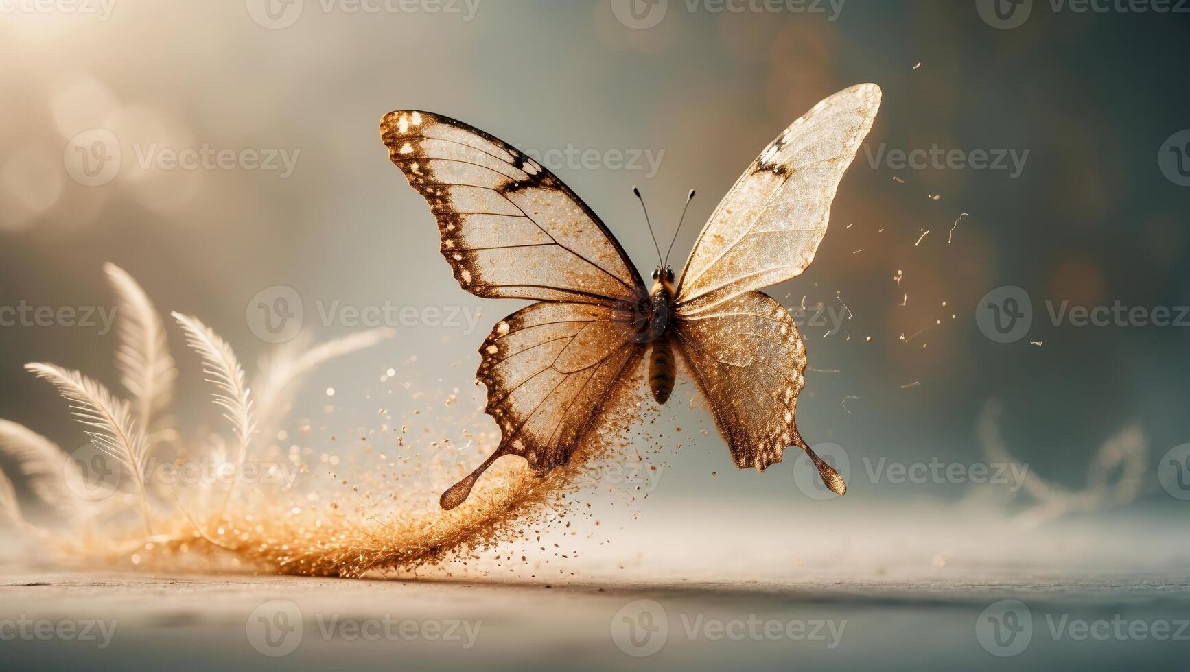 Butterfly gracefully flying above golden dust in a serene, softly illuminated environment during dusk hours photo