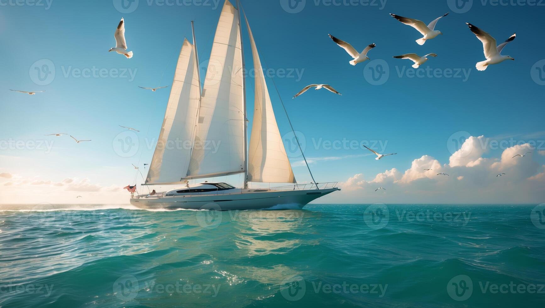 Sailing across a vibrant blue ocean with seagulls soaring under a clear sky near the coastline during a sunny day photo