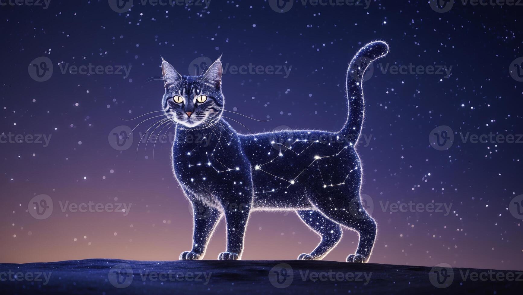 Celestial cat stands confidently under a starlit sky with a constellation pattern glowing bright photo