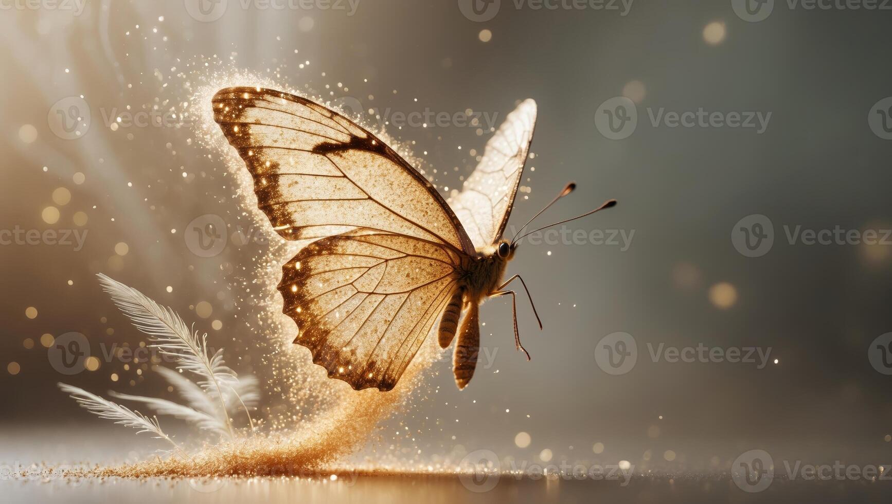 Delicate butterfly in a surreal setting with shimmering particles and soft light creating a magical atmosphere photo