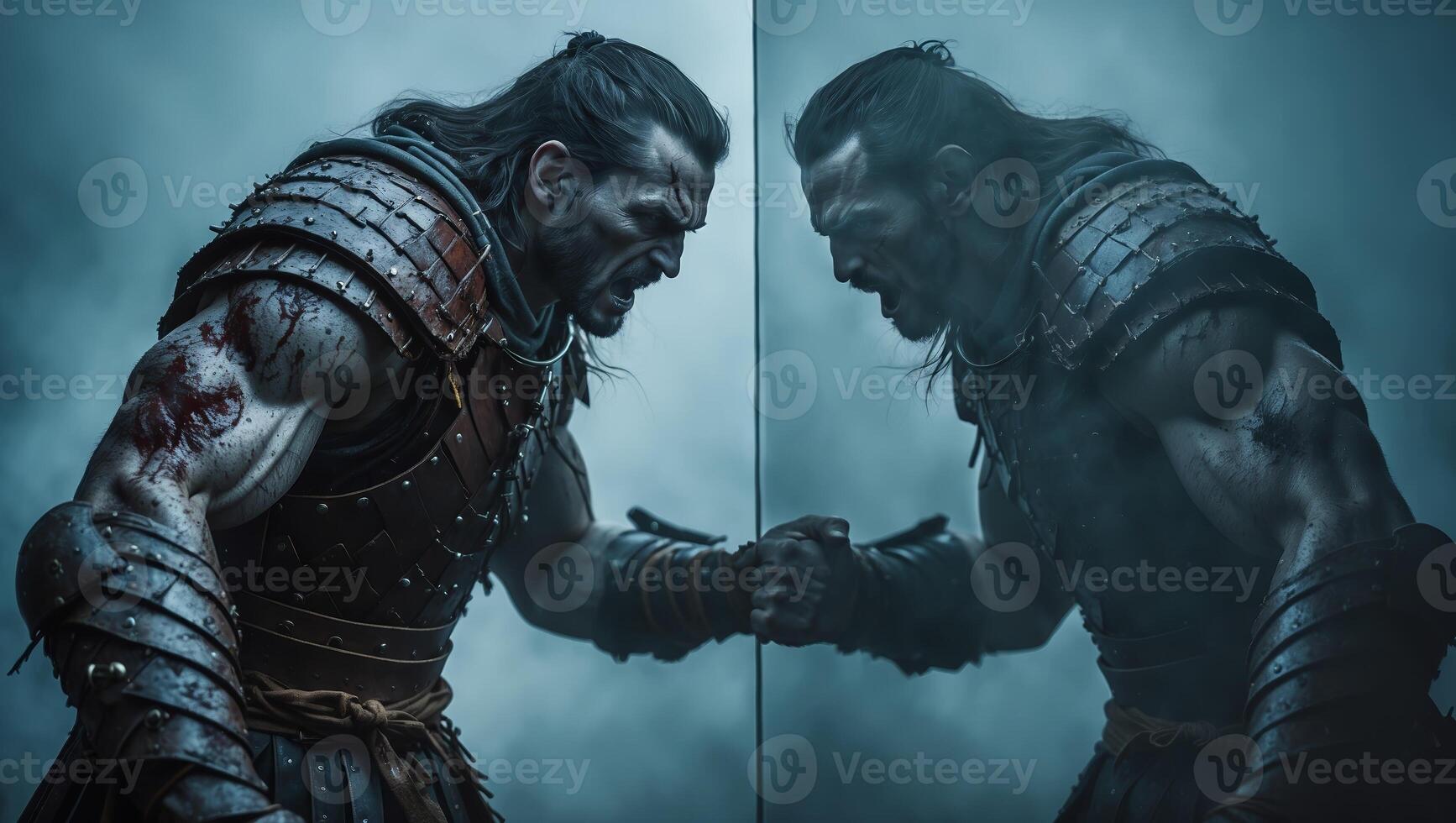 Warrior reflects on battle with intense emotions in a darkened environment photo