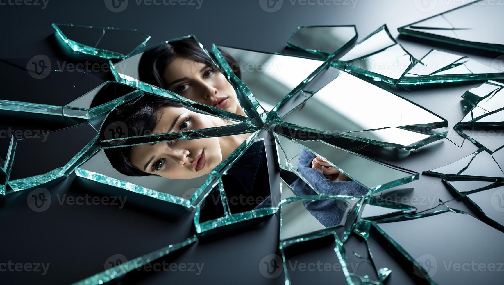 Woman gazes thoughtfully at her reflection in a broken mirror while surrounded by shattered glass photo