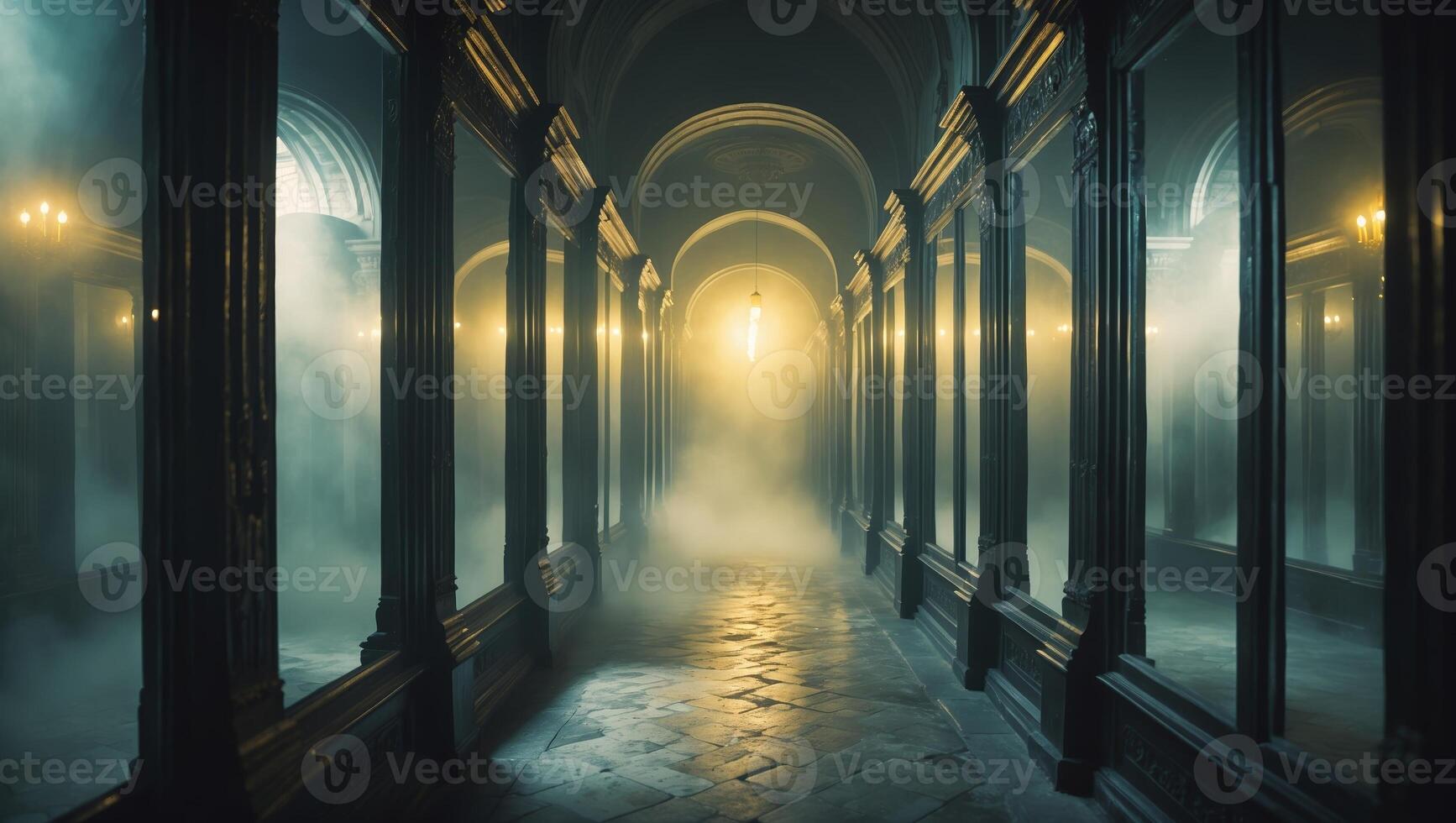 Mysterious corridor filled with fog and illuminated by soft light photo