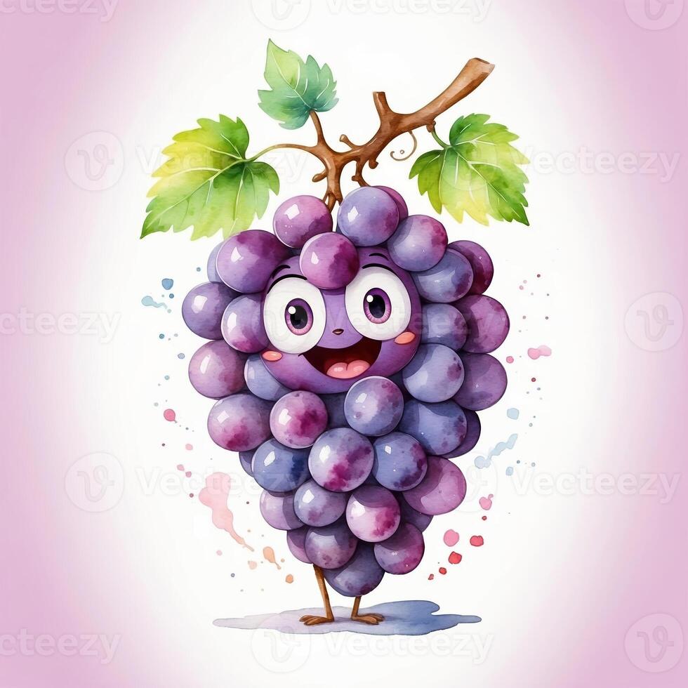 Cheerful cartoon grape character standing with a smile and leafy branch photo