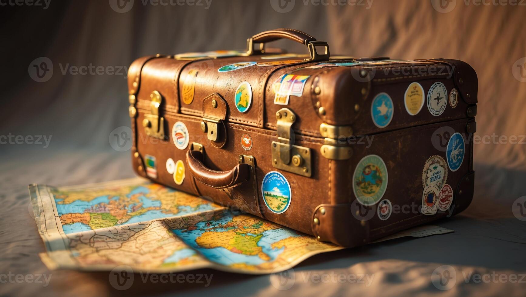 Vintage suitcase adorned with travel stickers lies on a world map in a cozy travel-themed setting photo