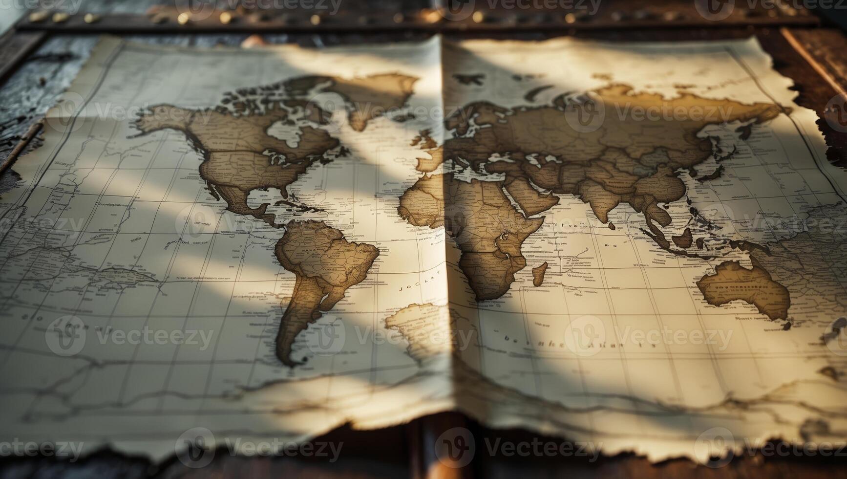 Vintage world map displayed on a wooden table with soft light highlighting intricate details and rich history of global geography photo