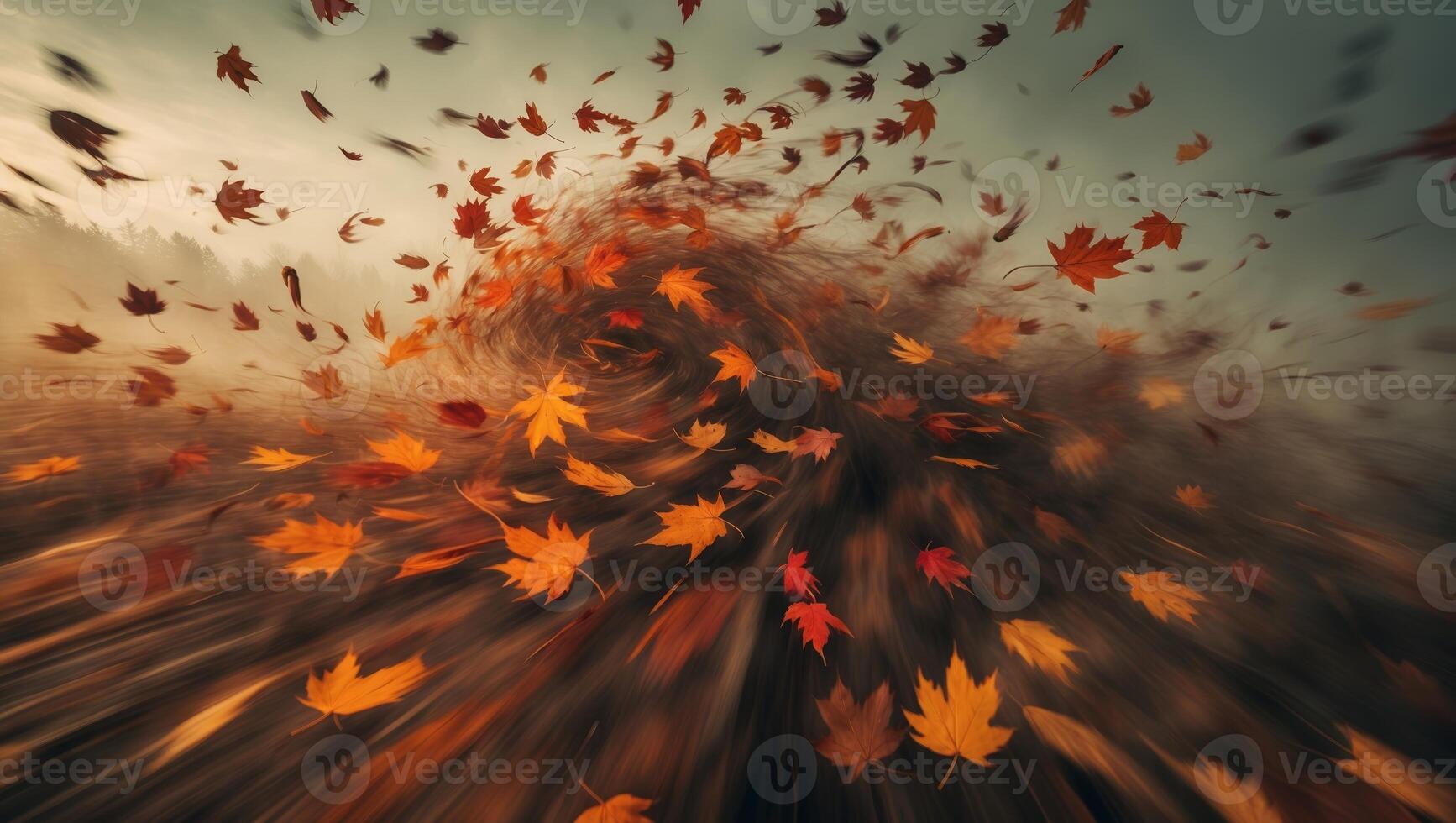 Autumn leaves swirl in a gentle breeze creating a vibrant display of colors during sunset in a tranquil park photo