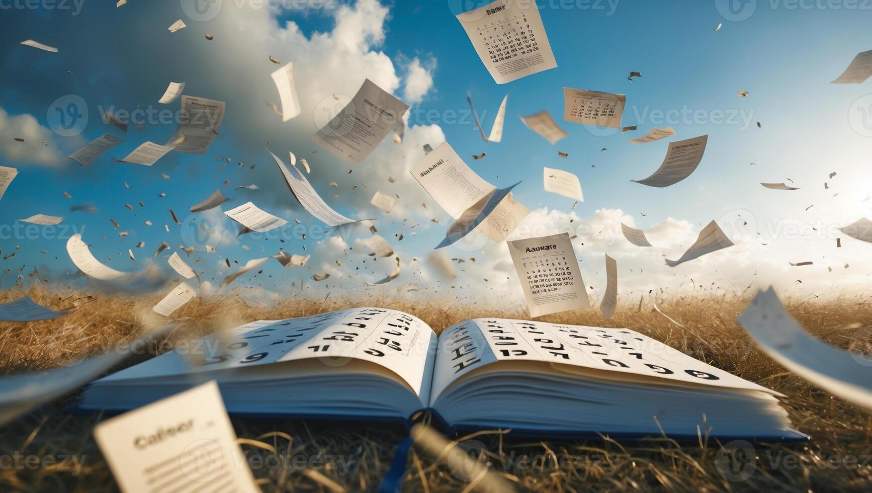 Pages flying from an open calendar book in a windy field under a bright blue sky during daylight photo