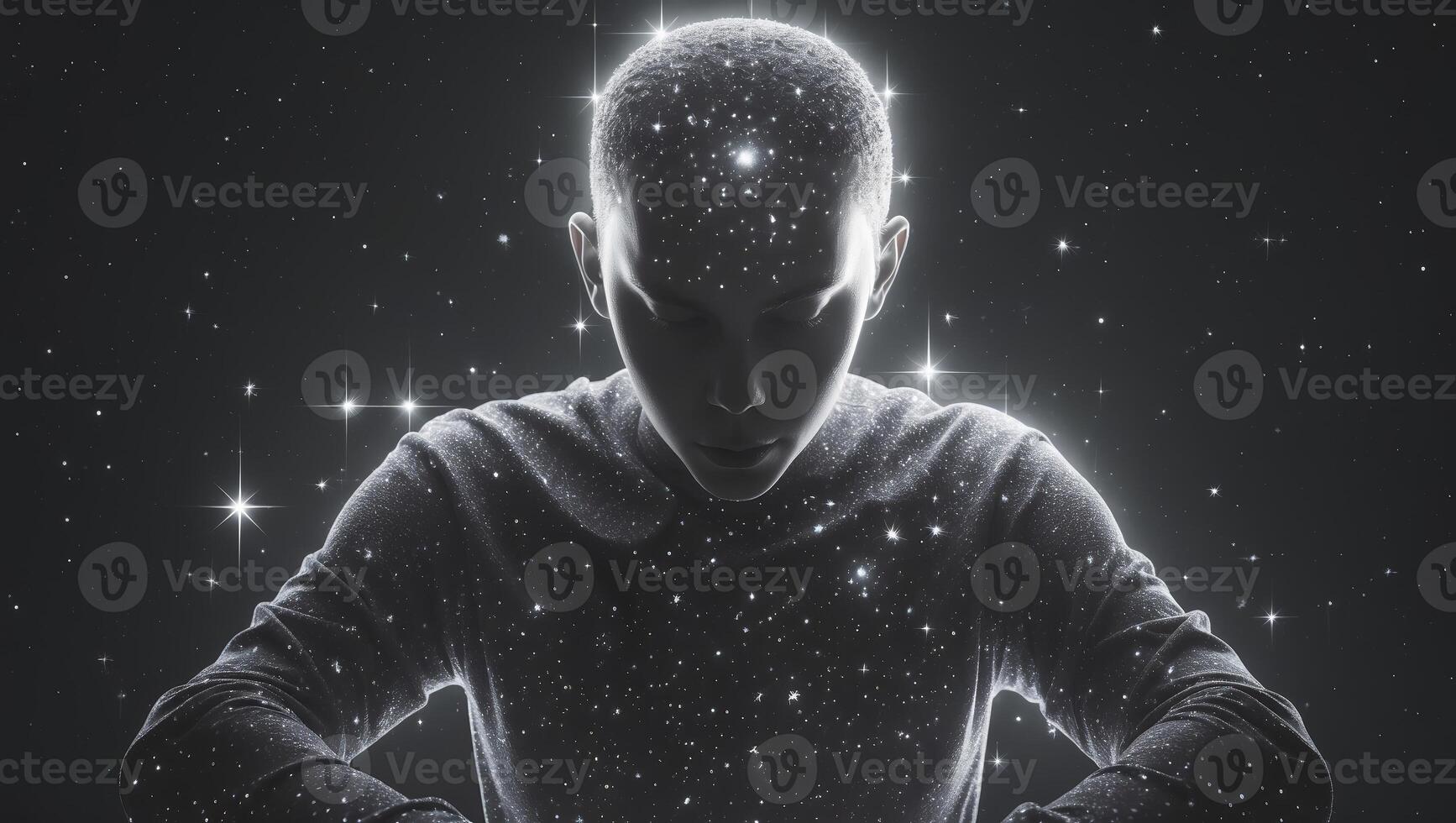 Boy exploring cosmic wonders with a glowing starlit aura in a dark setting at night photo