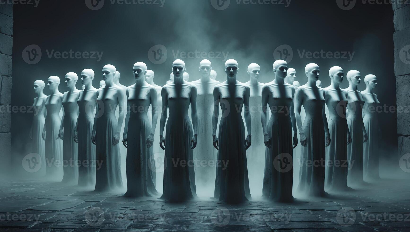 Certain figures in white gowns stand in formation within a misty, dimly lit space at night photo