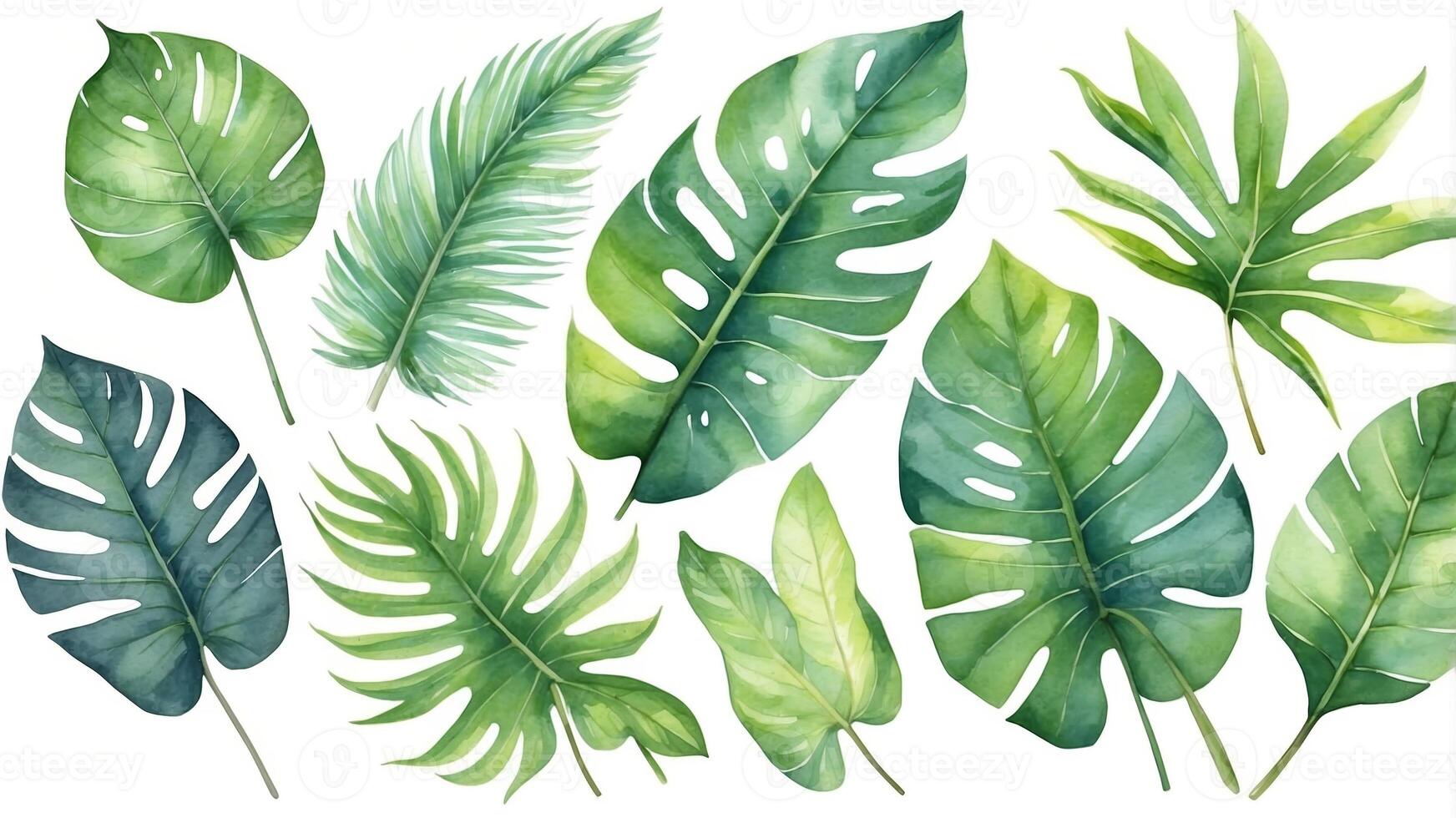 Lush tropical leaves in various shades of green arranged artistically for a botanical display photo
