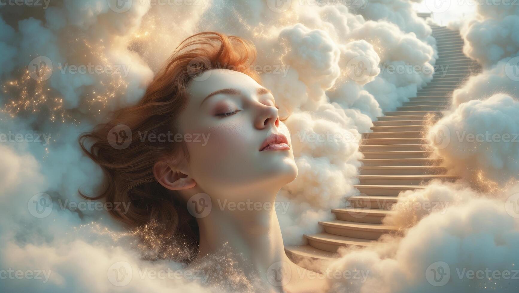 Dreamlike contemplation amidst clouds with a staircase leading to light photo