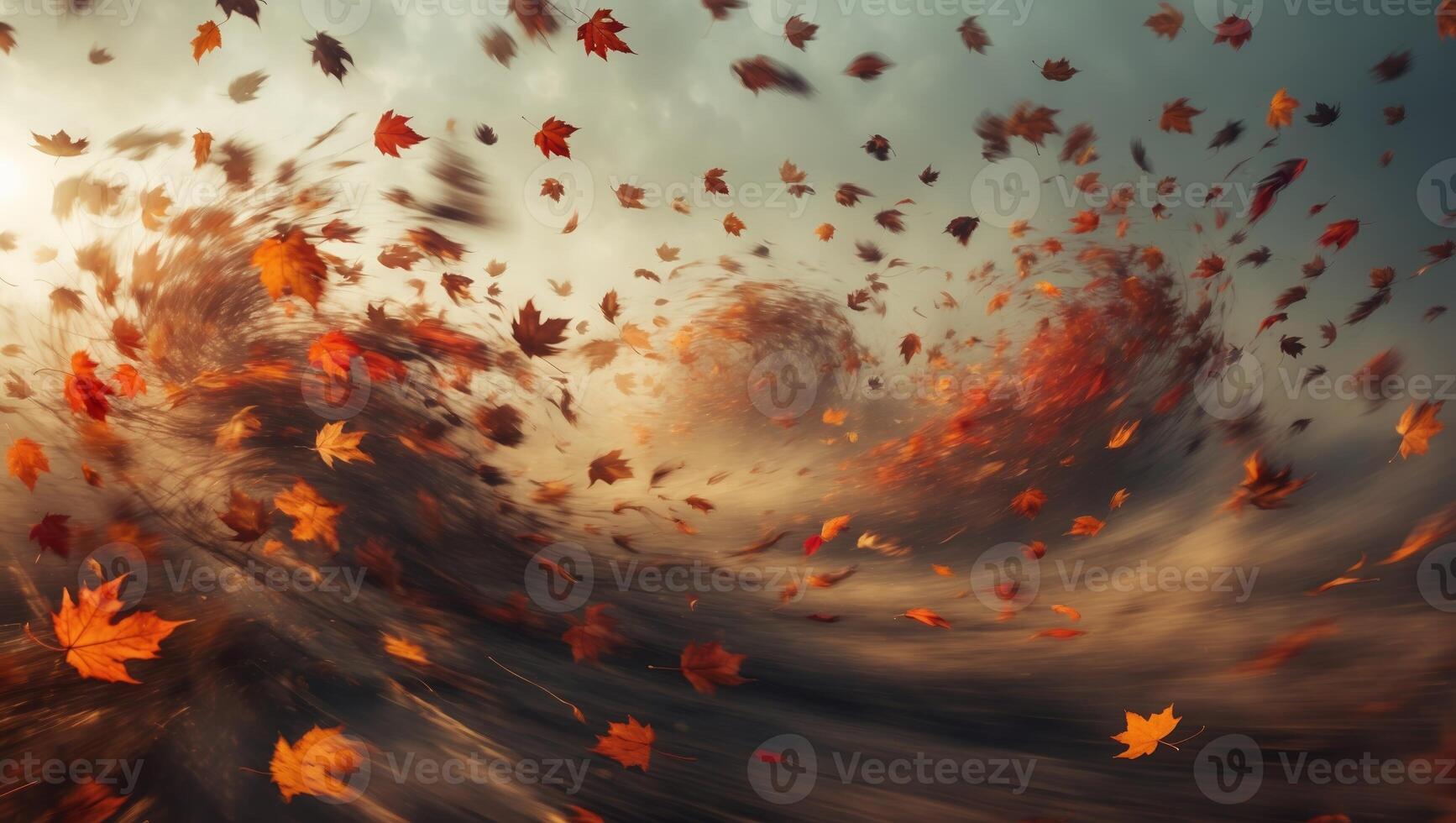 Autumn leaves swirling in the wind during a tranquil sunset creating a mesmerizing natural spectacle photo