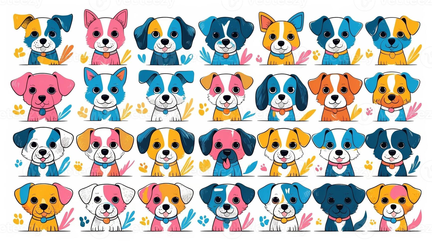 Colorful collection of cartoon dogs showcasing various breeds and playful expressions in a cheerful design photo