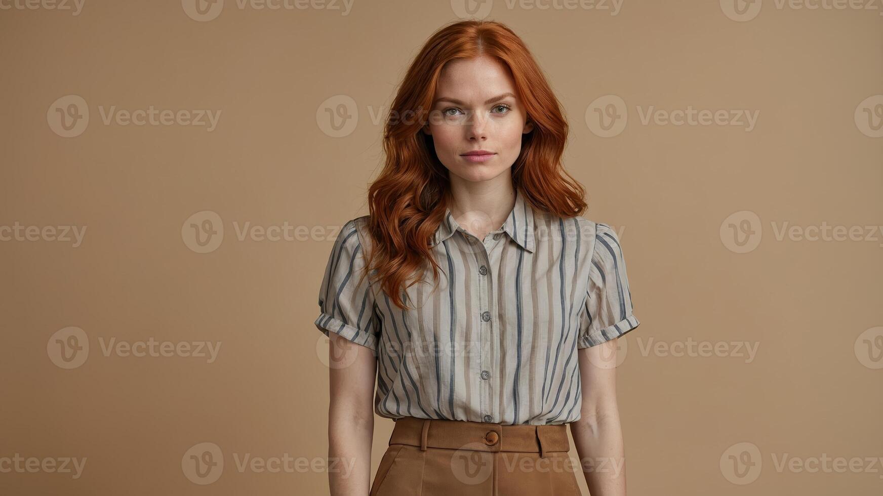 Model wearing a striped shirt and brown trousers poses against a neutral background in a fashion studio setting photo