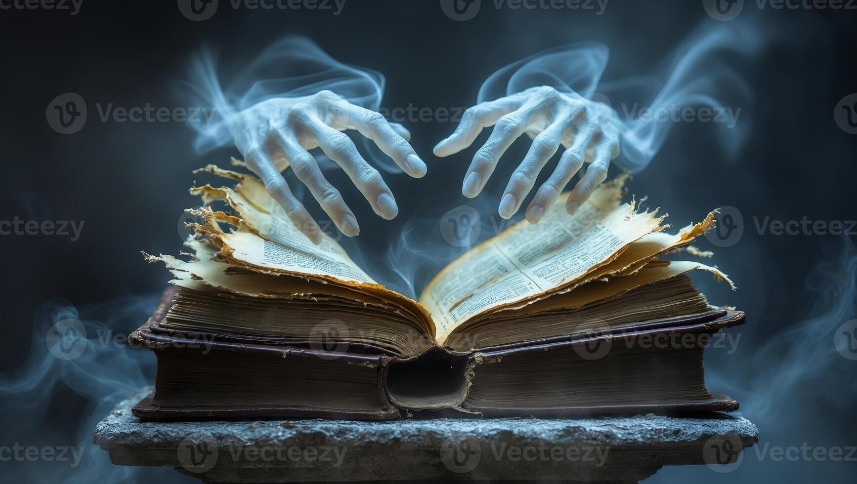 Mysterious hands hovering over an ancient book emanating an ethereal glow during a night scene photo