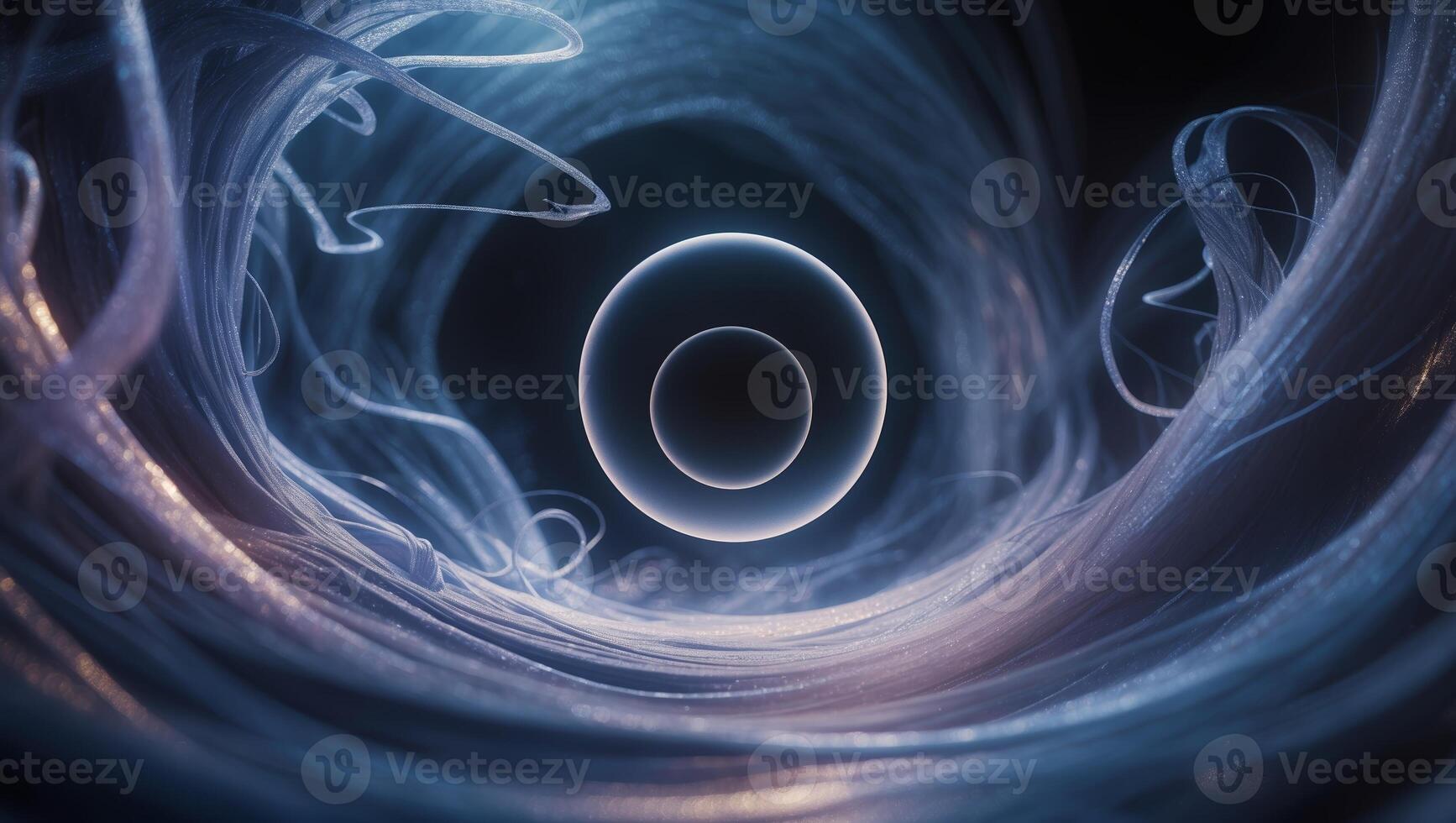Visually stunning abstract representation of a glowing sphere surrounded by swirling light patterns in dark space photo