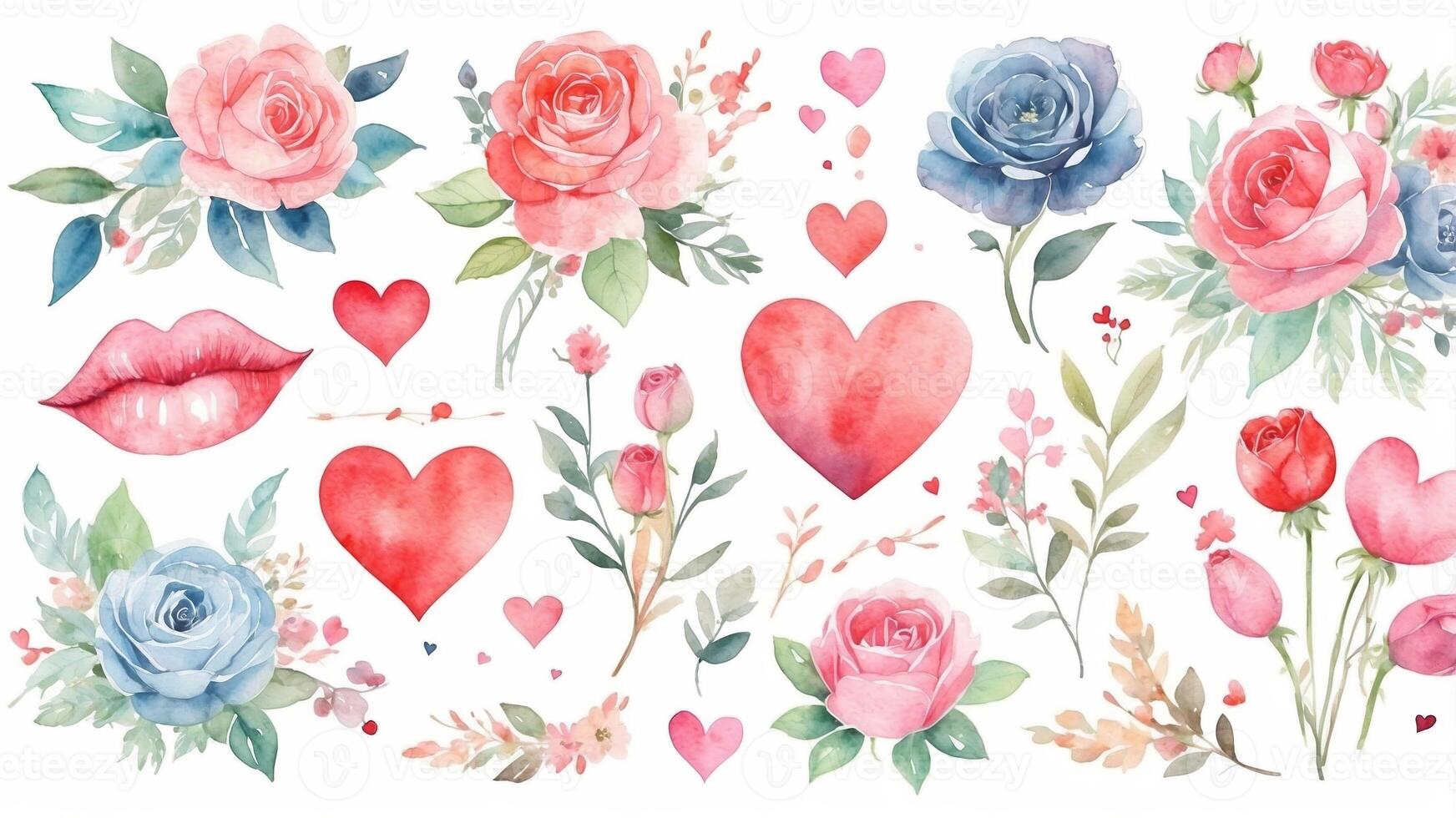 Colorful watercolor floral and heart designs for creative projects or events photo