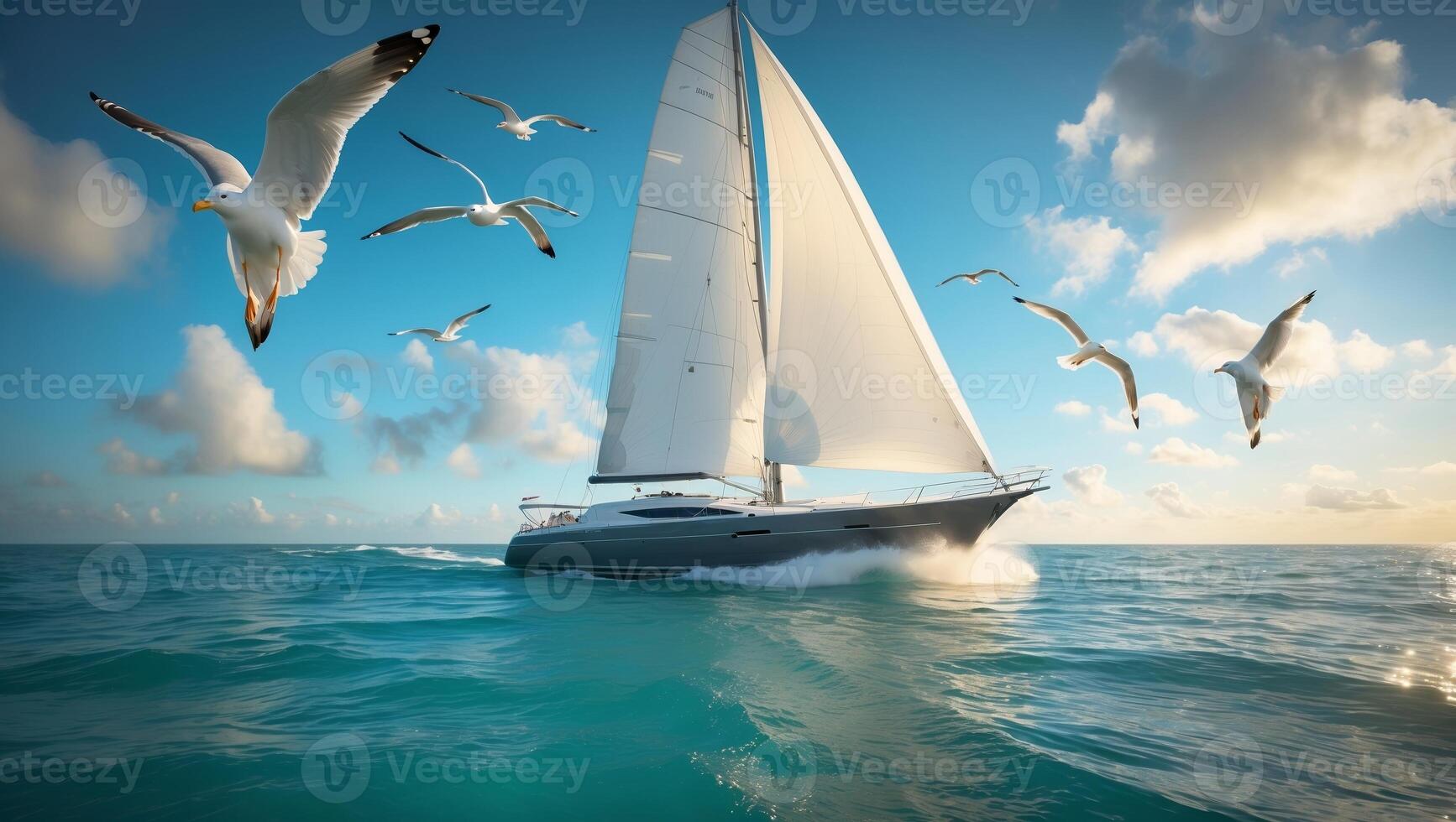 Sailing against the backdrop of a vibrant sky and seagulls gliding over the ocean at sunset photo