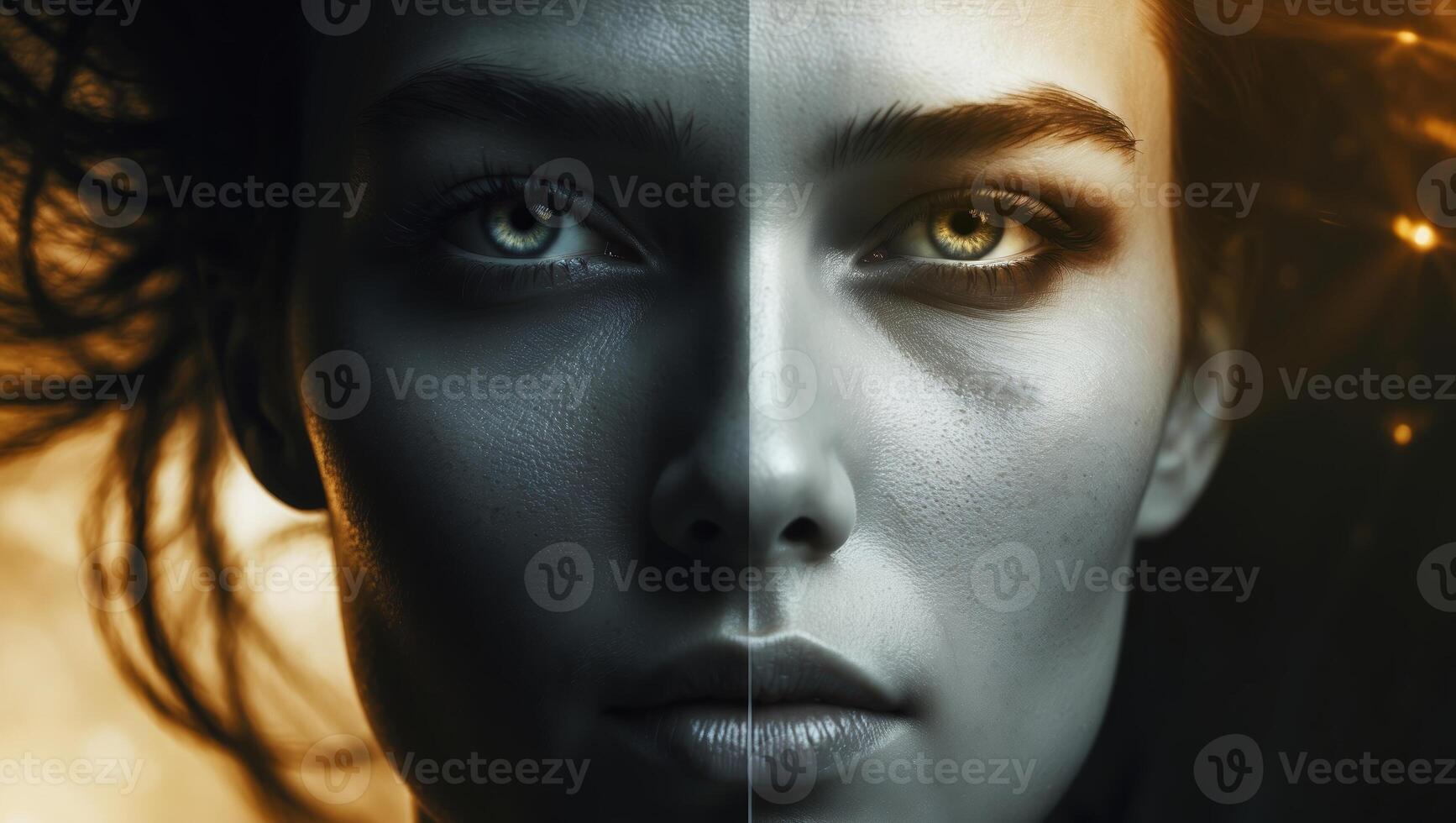 Portrait of a woman with contrasting light and shadow highlighting facial features and emotions during a creative artistic rendition photo