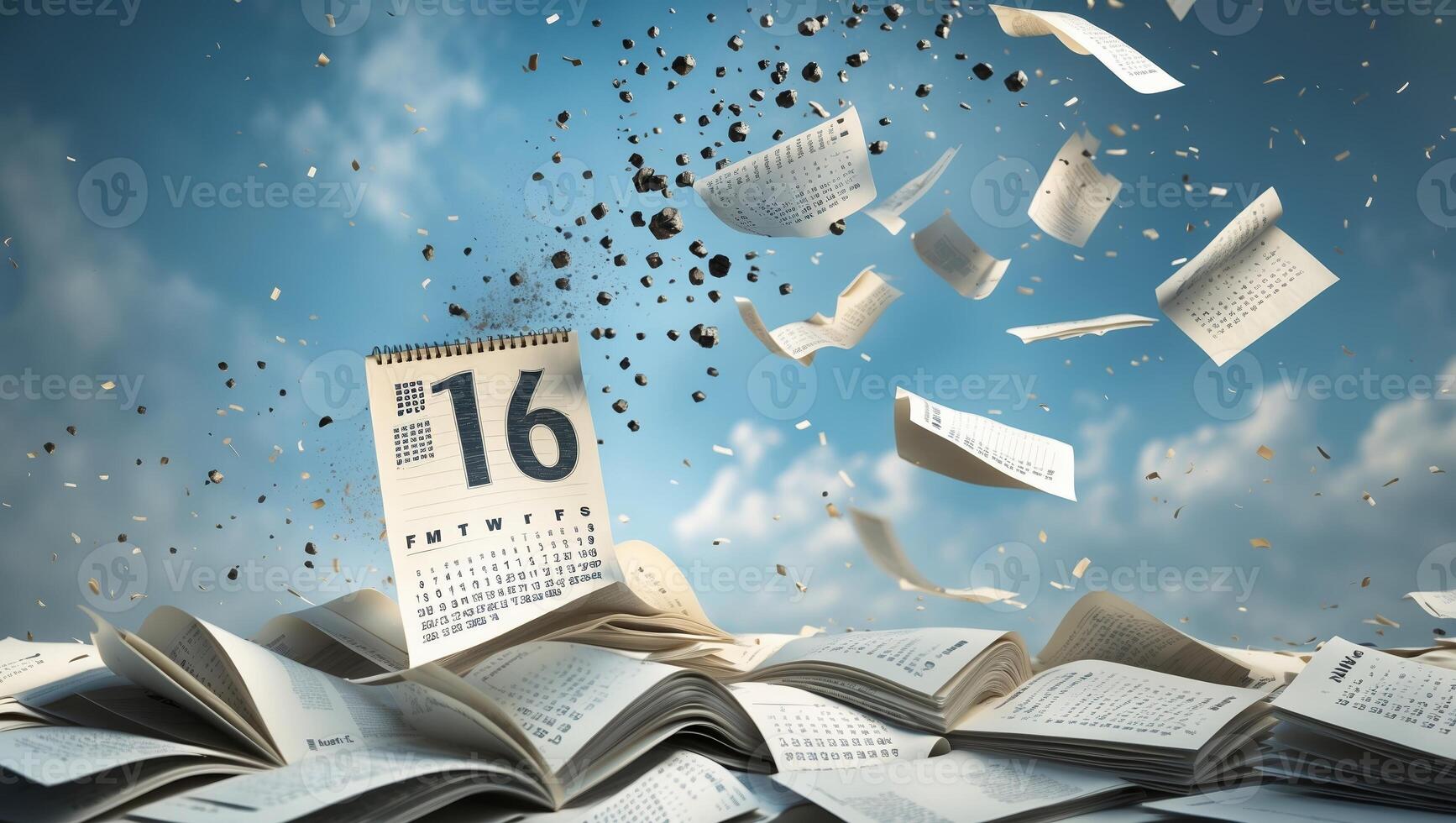 Creative representation of time with floating calendar sheets in the sky photo