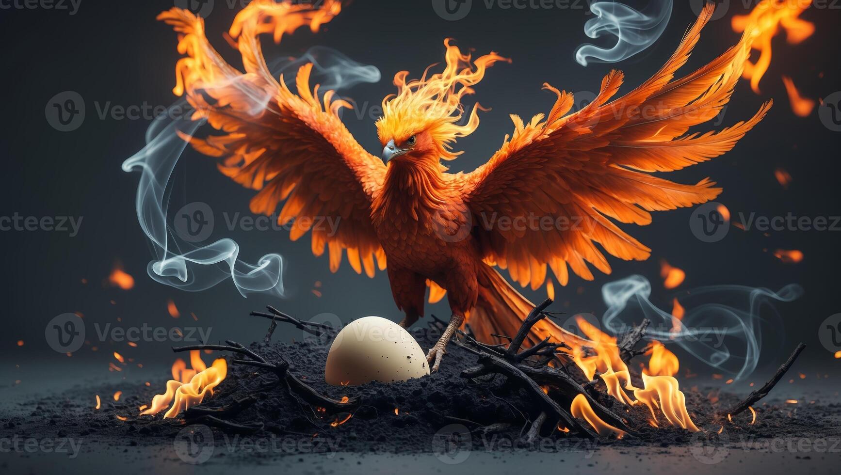 Majestic phoenix emerging from flames near an egg, symbolizing renewal and rebirth in a mystical setting photo