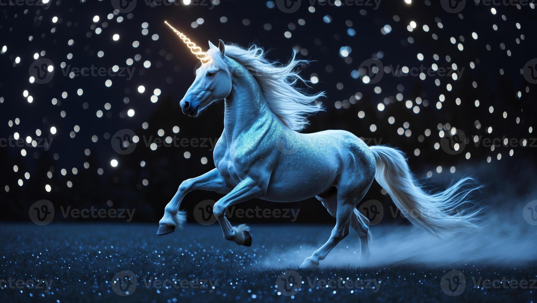 Majestic unicorn galloping through a starry night sky under a mystical glow photo