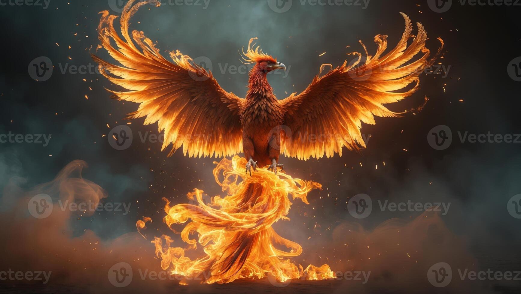Majestic phoenix rising from flames, symbolizing rebirth and renewal in a mystical atmosphere photo