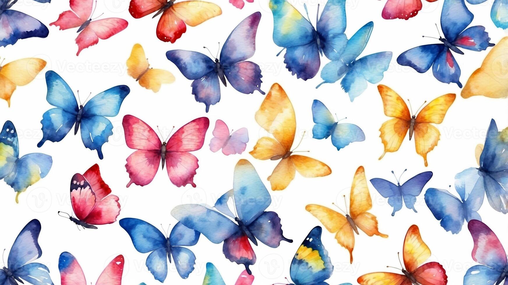 Colorful watercolor butterflies create a vibrant pattern showcasing nature's beauty in delicate art photo