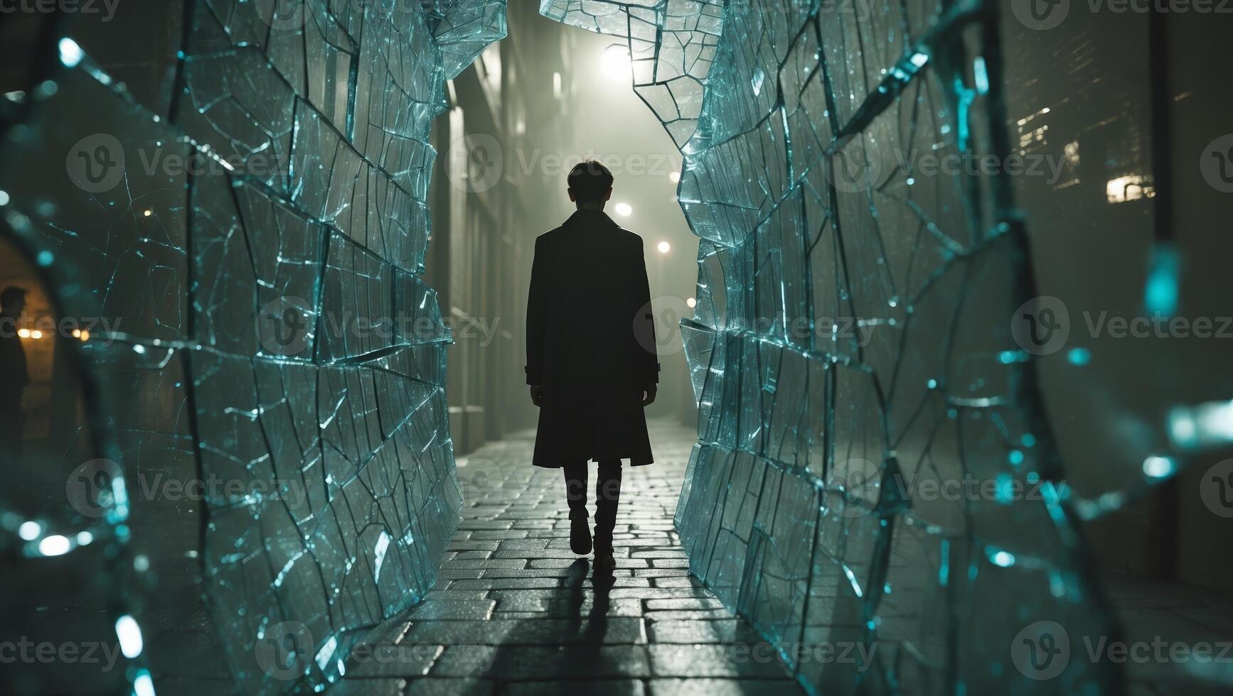 Mysterious figure walks through a surreal shattered glass pathway on a foggy night photo