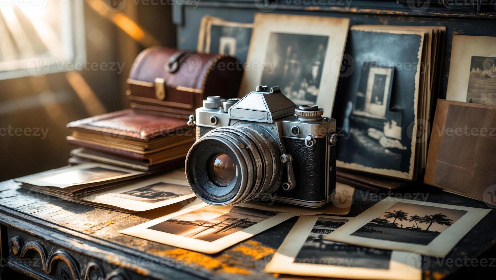 Vintage camera surrounded by old photographs and antique items on a wooden table in a sunlit room photo